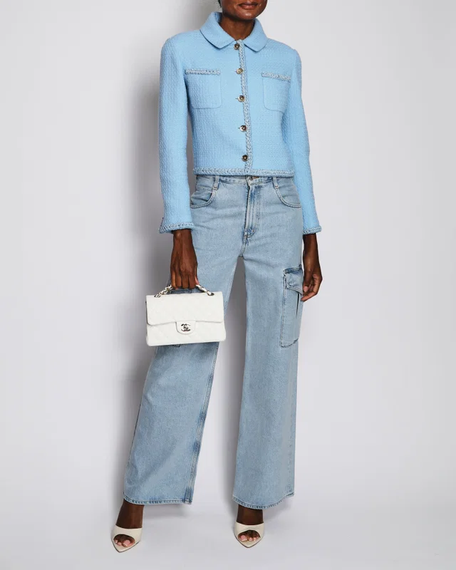 Chanel 25B Baby Blue Tweed Cropped Length Jacket with CC Logo Detail Buttons Size FR 36 (UK 8) in Blue Tweed from Sellier