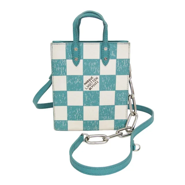 Louis Vuitton Damier Checkerboard Sac Plat XS N60495 Women,Men Shoulder Bag Off-white,Turquoise in Off-white/Turquoise Coated canvas , Leather from Elady
