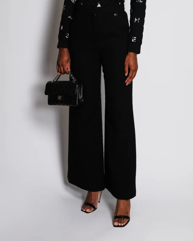 Chanel 19/B Black Tweed High-Waist Wide Leg Trousers Size FR 38 (UK 10) in Black Tweed from Sellier, photo 2 of 2