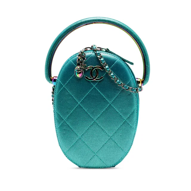 Blue Chanel Quilted Metallic Caviar Rainbow Hardware Oval Camera Bag Satchel in Blue Caviar leather from Designer Revival