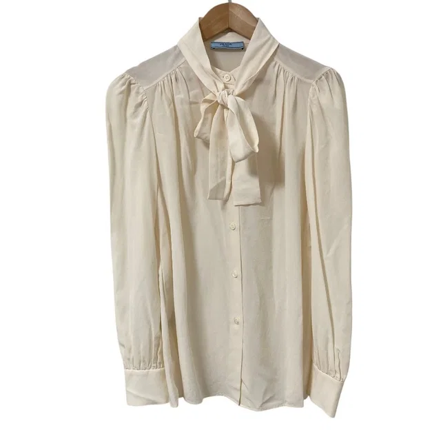 Prada Silk Bow Tie Long Sleeve Louse Ivory Blouse 40 in White Silk from The Reluxe