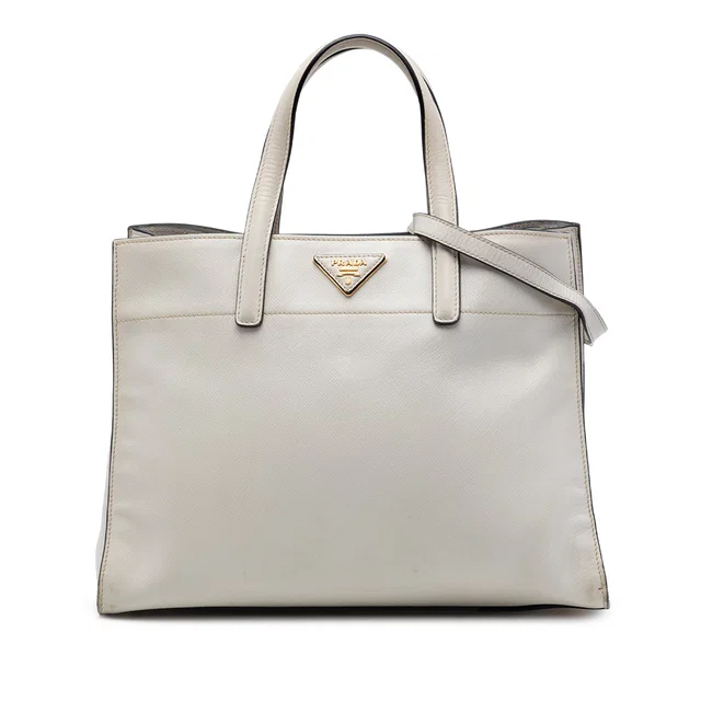 White Prada Saffiano Soft Triple Pocket Tote Satchel in White Saffiano leather from Designer Revival