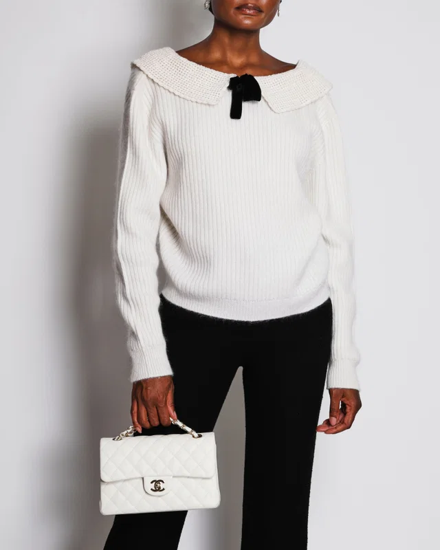 Miu Miu Cream Jumper With Crochet and Black Bow Collar Details Size IT 44 ( UK 12) in Black Cashmere from Sellier