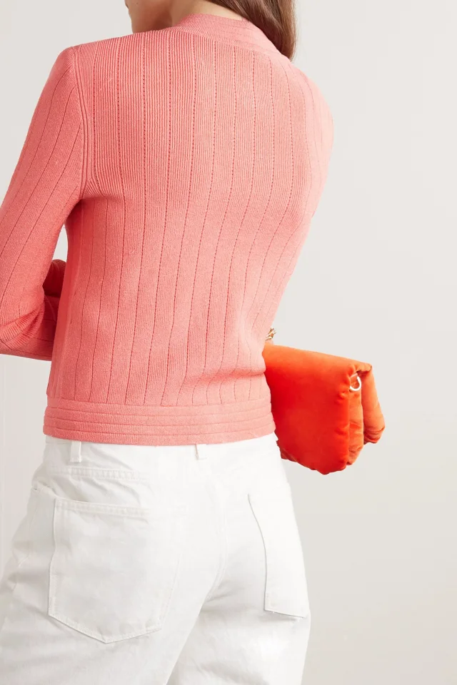 Balmain Button-Embellished Pointelle-Knit Cardigan in Coral, photo 3 of 4 from THE OUTNET