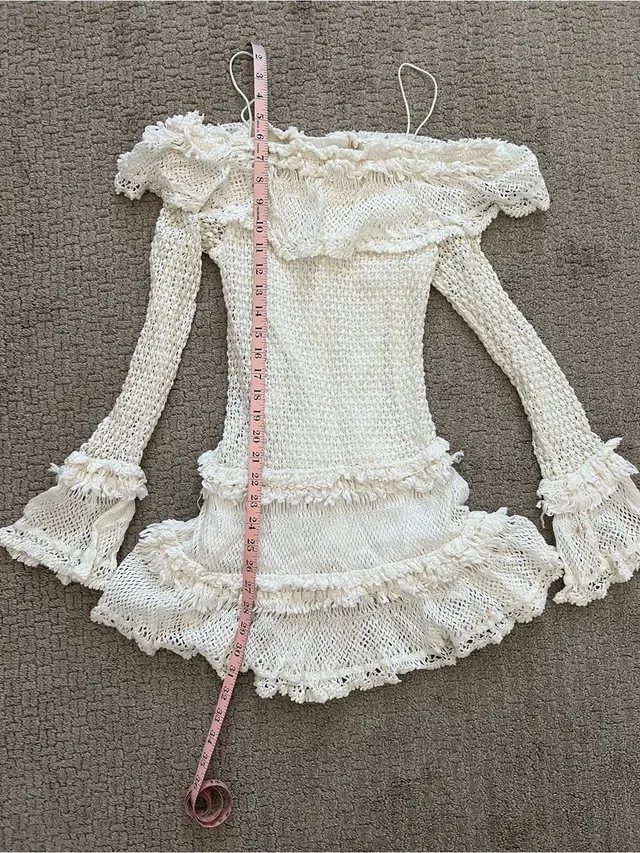 SIMKHAI Cream Off-The-Shoulder Ruffle Crochet Knit Dress in white from Poshmark