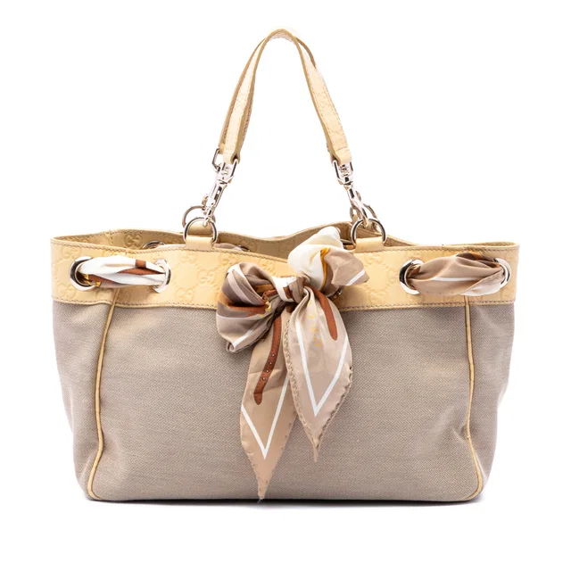 Beige Gucci Medium Guccissima Trimmed Canvas Positano Tote in Beige Canvas from Designer Revival