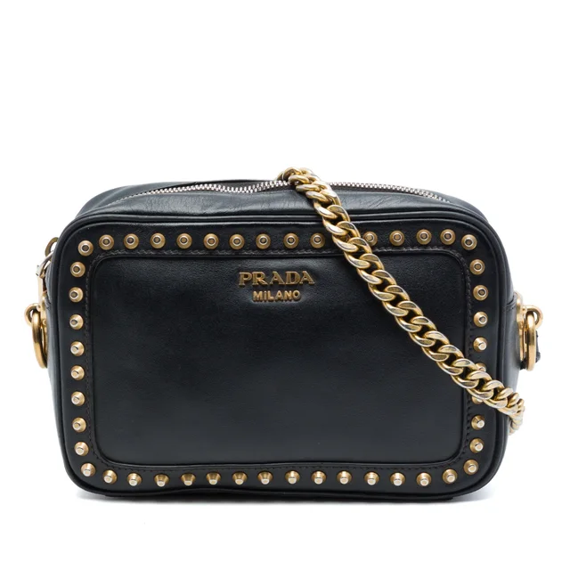 Black Prada City Calf Studded Camera Bag in Black Leather from Designer Revival