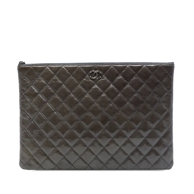 Gray Chanel Large Crinkled Patent O Case Clutch in Grey Patent leather from Designer Revival