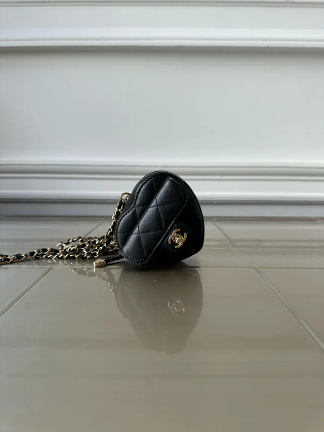 LONDON LOCATED* CHANEL MINI HEART NECKLACE Black Lambskin Leather with Champagne-Toned Metal in Black Lambskin from Luxury Promise, photo 11 of 14
