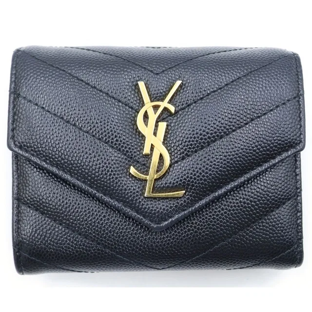 Saint Laurent Monogram Multi Fold Wallet Compact Trifold Leather Gold Black in Black Leather from The Reluxe