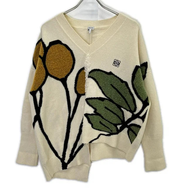 Loewe Ivory Herbarium Agram Neck Deformed Knit XS Sweater in White Wool from The Reluxe