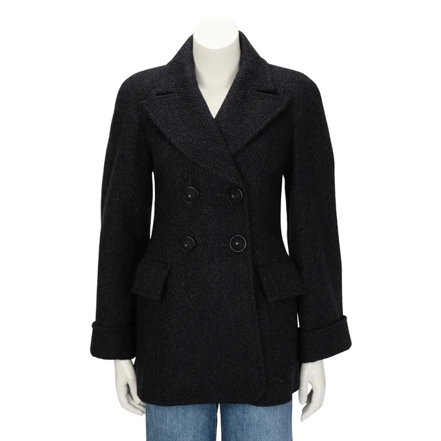 Chanel Herringbone Wool Double Breasted Coat FR 38 in Navy Wool from Blue Spinach