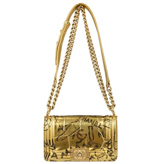 Boy Chanel 2019 Gold Embossed Calfskin Graffiti Small Chain Shoulder Bag in Gold Calfskin from AMORE Vintage Tokyo
