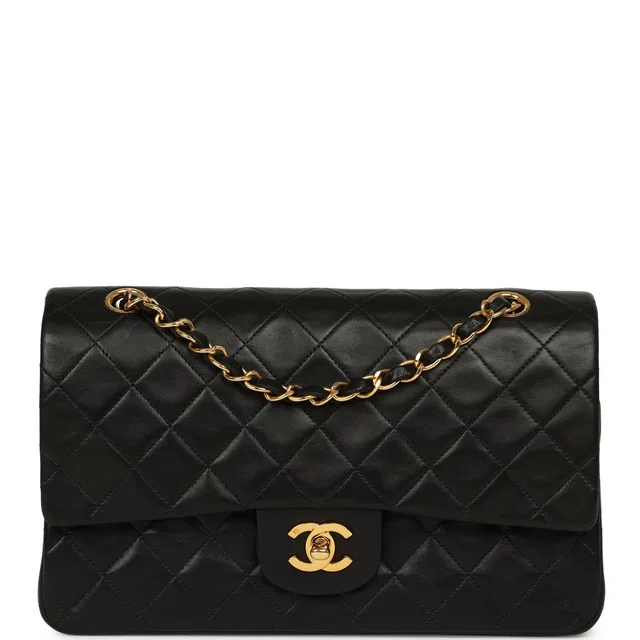 Chanel Vintage Medium Classic Double Flap Bag Black Lambskin Gold Hardware in Black Lambskin from Madison Avenue Couture