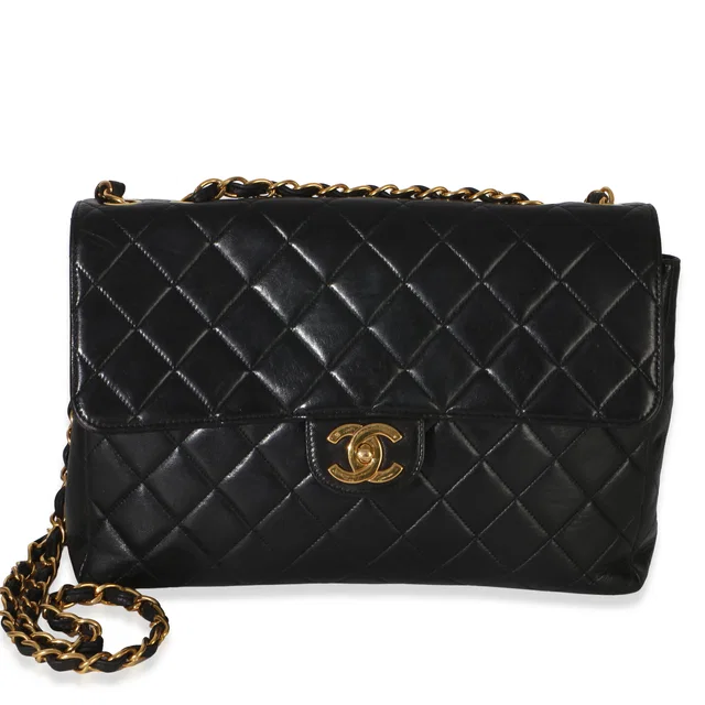 Chanel Vintage 24k Black Quilted Lambskin Jumbo Xl Maxi Flap Bag Leather Handbag in Black Lambskin from HEWI