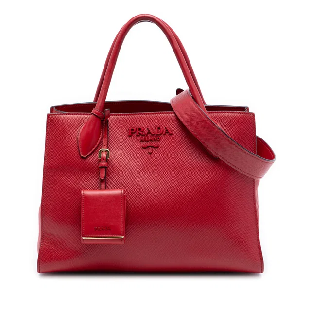 Red Prada Medium Saffiano Cuir Monochrome Top Handle Tote Satchel in Red Saffiano leather from Designer Revival