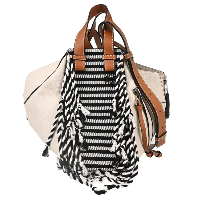 Loewe White Hammock Striped Fringe 2way Shoulder Tote Handbag in White Leather from AMORE Vintage Tokyo