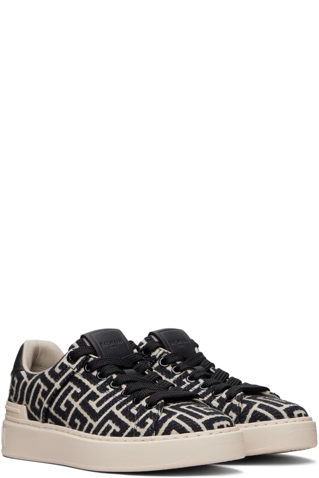 BALMAIN Black & Beige Monogram Jacquard B-Court Sneakers, photo 4 of 5 from SSENSE