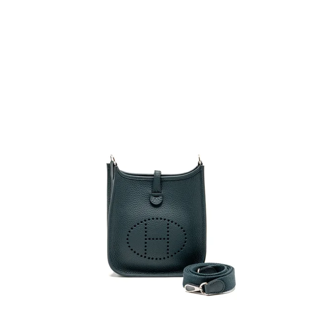 Hermès Mini Evelyne Clemence Vert Cypres SHW Stamp W in Green Clemence leather from EMIER