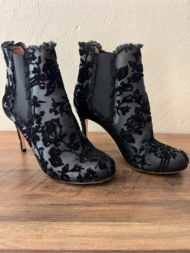 REDValentino Leather Ankle Booties Velvet And Lace Trim in black Velvet from Poshmark