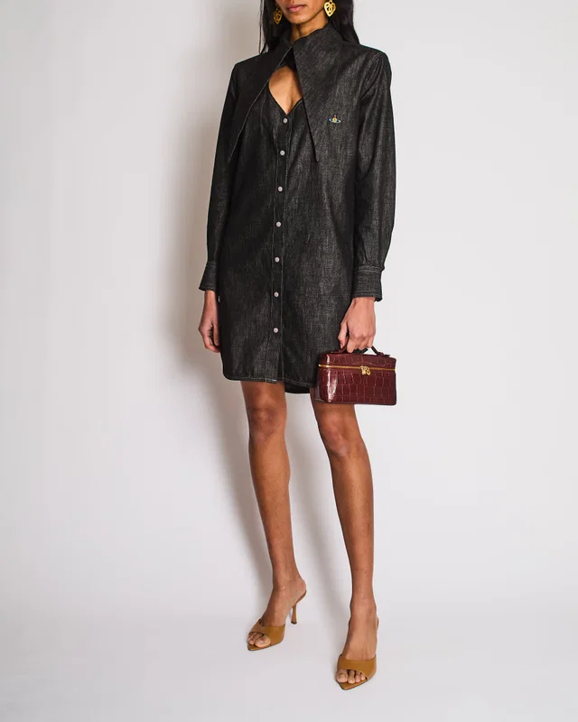 Vivienne Westwood Washed Black Denim Shirt Dress with Exaggerated Collar and Embroidered Logo Size IT 38 (UK 6) in Black Denim from Sellier
