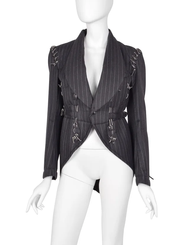 Comme des Garçons Vintage SS 2005 Charcoal Grey Leather Lace Up Pinstripe Padded Jacket in Grey Leather from Amarcord Vintage Fashion