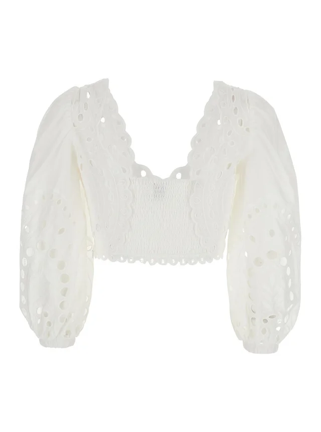 Charo ruiz 'Luna' White Top with Deep Neckline and Intricate Embroidery in Cotton Blend for Women in White 90% Cotton 10% Polyester, photo 3 of 5 from Gaudenzi Boutique