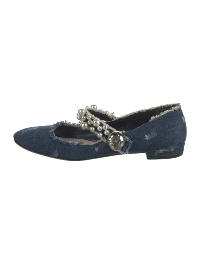 Miu Miu Faux Pearl Accents Denim Mary Jane Flats in blue Denim from The RealReal