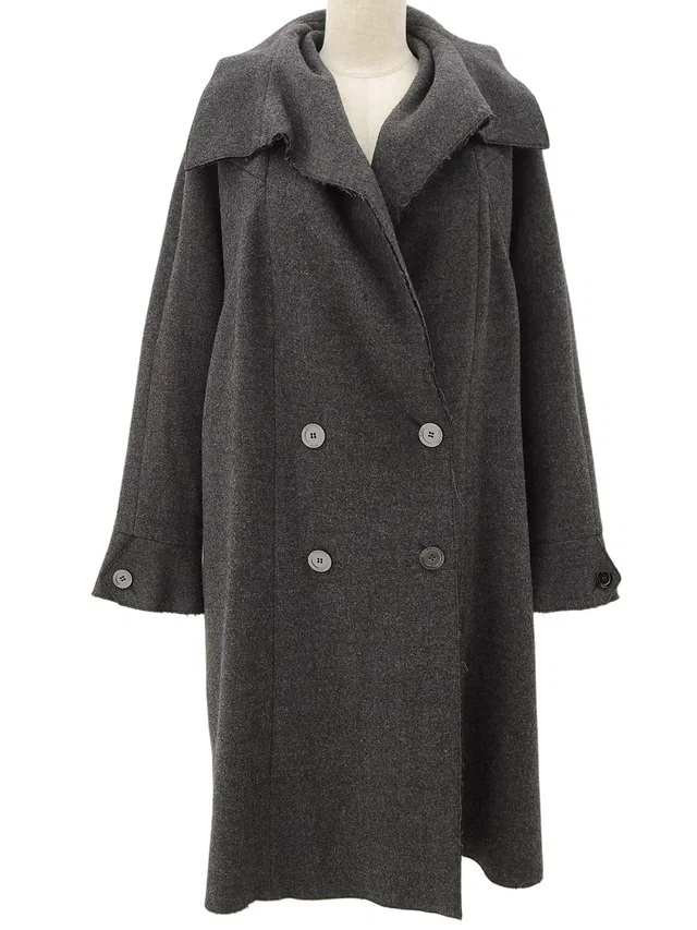 Chanel Wool Logo Button Coat #44 Gray in Grey Wool from VINTAGE QOO TOKYO