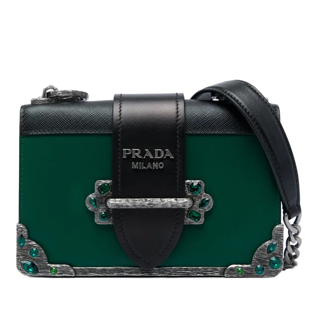 Black Prada Saffiano Trimmed City Calf Crystal Cahier Crossbody in Black Saffiano leather from Designer Revival