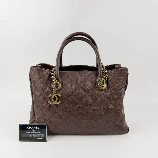 Chanel Quilted CC Logo Chain Tote Shoulder Bag Caviar Leather Brown Gold Vintage in Brown Caviar leather from The Reluxe