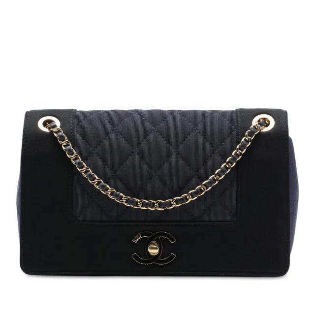 Blue Chanel Small Bicolor Quilted Grosgrain Satin Small Mademoiselle Double Flap Shoulder Bag in Blue Satin from Designer Revival