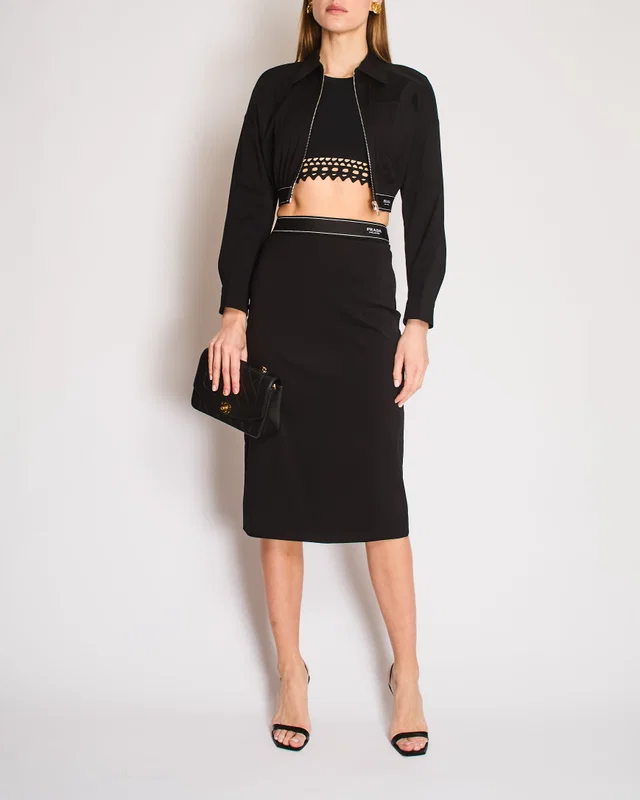 Prada Black Cropped Jacket with Logo Elastic Waistband and Matching Midi Pencil Skirt Size IT 38 (UK… in Black from Sellier