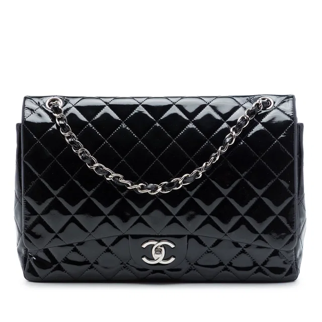 Black Chanel Maxi Classic Patent Double Flap Shoulder Bag in Black Patent leather from Designer Revival
