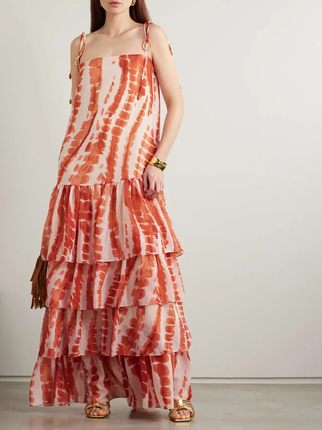 ANDRES OTALORA Tha embellished tiered printed recycled-chiffon maxi dress in Orange, photo 2 of 2 from NET-A-PORTER (Canada)