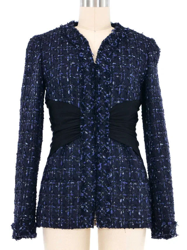 2016 Chanel Indigo Tweed Ruched Waist Jacket in Tweed from Arcade Vintage