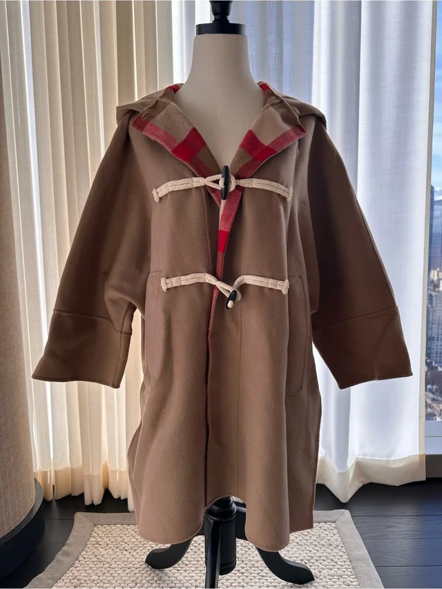 Max Mara Brown Hooded Toggle Pea Coat With Red Plaid Lining in red|brown from Poshmark