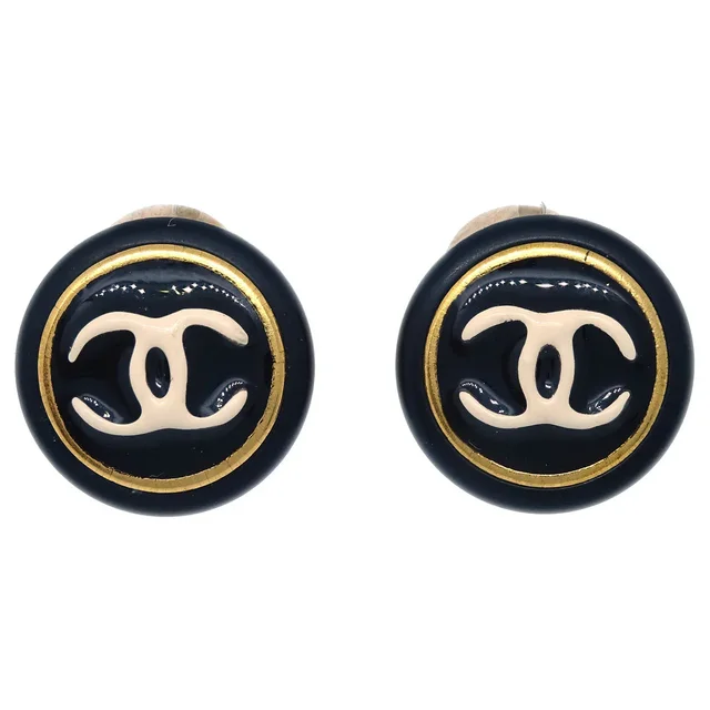 Chanel Button Earrings Clip-On Black Gold 95A in Black from AMORE Vintage Tokyo