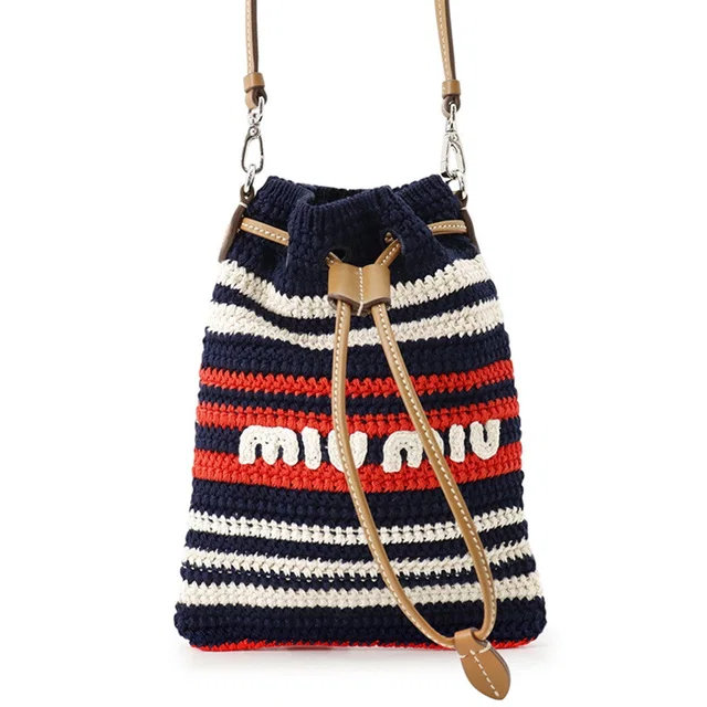 Miu Miu Crochet Border Drawstring Bag Navy/Red/White Cotton Leather in White Leather from GALLERY RARE