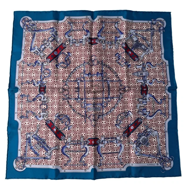 Hermès Carre 45 Blue Mors Et Gourmettes Vichy Scarf in Blue Silk from The Reluxe