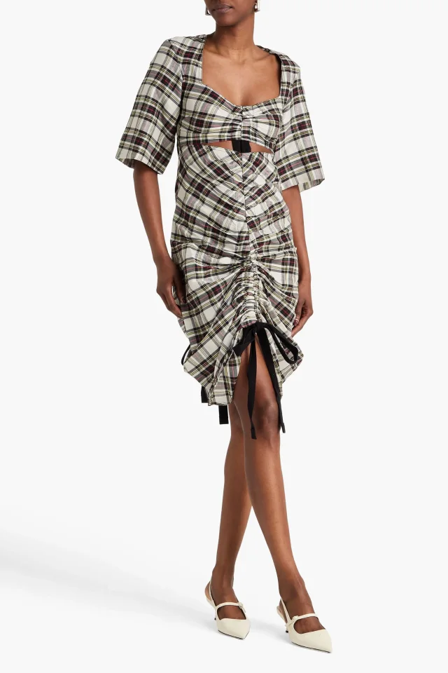 Ganni Cutout Checked Linen and Silk-Blend Midi Dress in Black, photo 2 of 4 from THE OUTNET