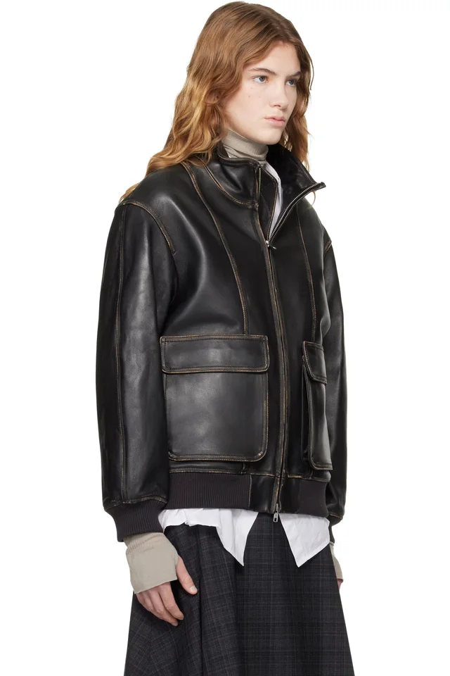 Dunst Black Stand Collared Leather Jacket, photo 2 of 4 from SSENSE