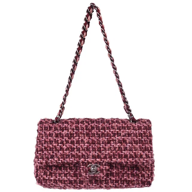 Chanel 2014-2015 Pink Tweed Medium Classic Double Flap Handbag in Pink Tweed from AMORE Vintage Tokyo