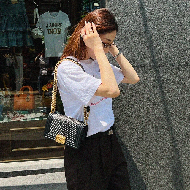 Circa 2018 Chevron Design Boy Chanel Chain Shoulder Bag Black in Black Lambskin from VINTAGE QOO TOKYO