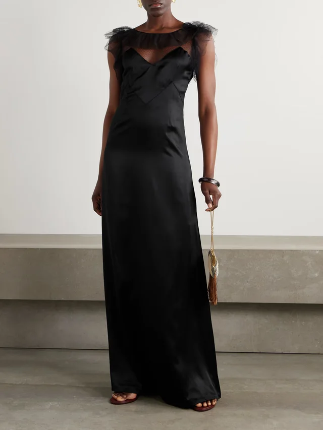 BODE Prima ruffled mesh-trimmed silk-satin maxi dress in Black, photo 2 of 2 from NET-A-PORTER (Canada)