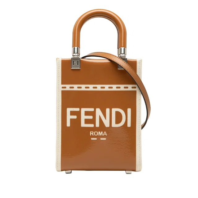 Brown Fendi Mini Patent and Canvas Sunshine Shopper Tote Satchel in Brown Patent leather from Designer Revival
