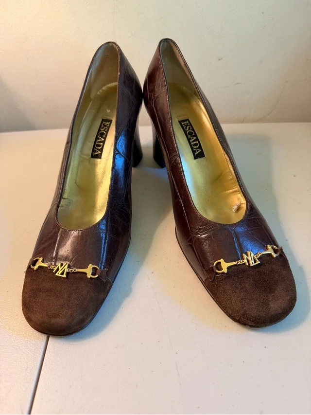 Escada Chocolate Brown Leather Mid-Heel Pumps With Gold Accent in gold|brown|red Leather from Poshmark