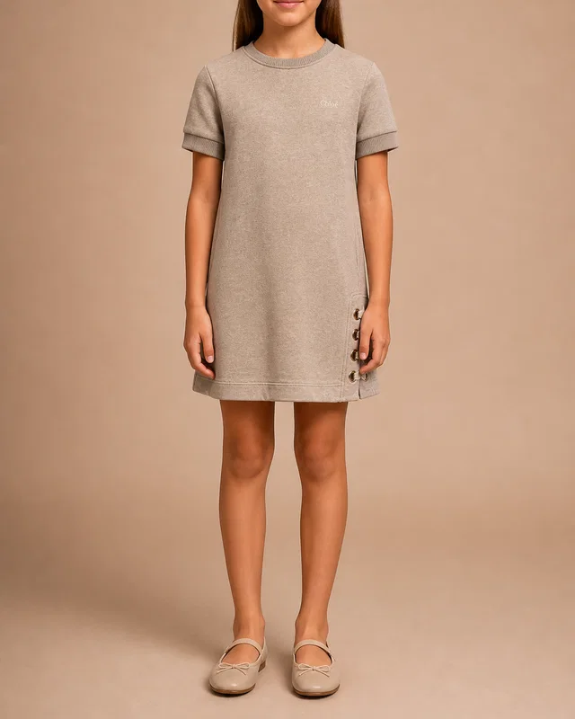 Chloé Kids Beige Short-Sleeve Dress with Logo and Buckle Details Size 10 years in Beige from Sellier