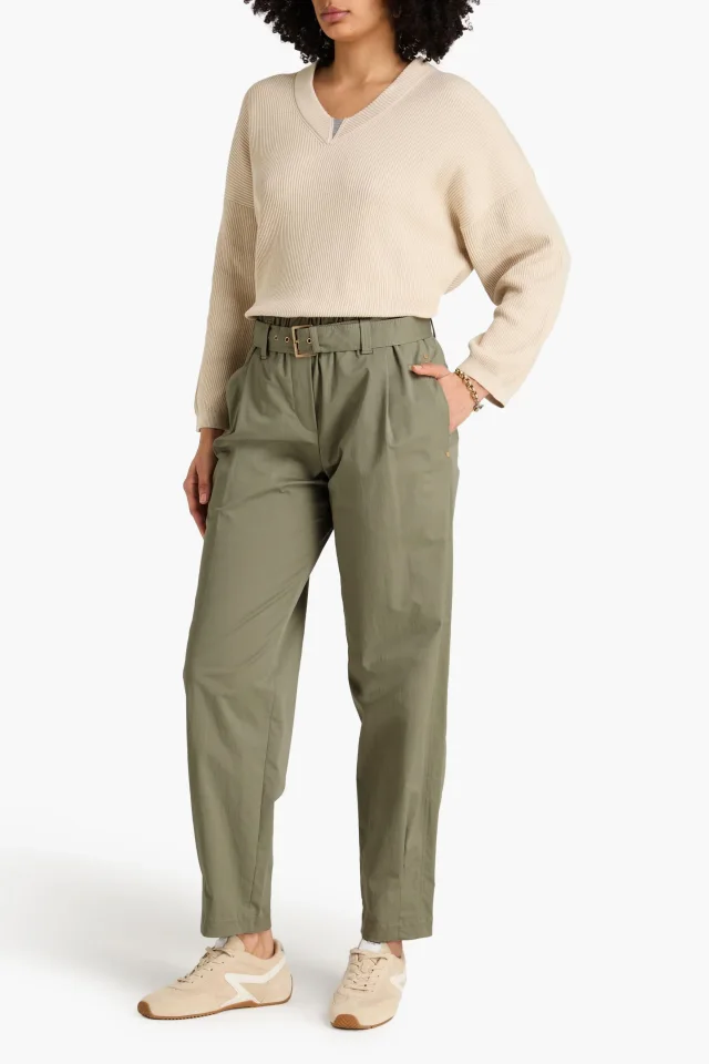 Brunello Cucinelli Belted Stretch-Cotton Twill Tapered Pants in Ivory, photo 6 of 8 from THE OUTNET