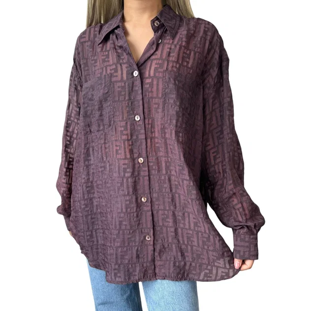 Fendi Vintage Zucca Monogram See-through Shirt Top #40 Button Purple Viscose in Purple from Luxury Promise